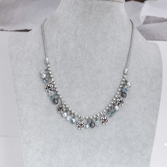 Brighton Cannes Beaded Necklace Retired Silver Plated Blue CZ Charms 16-18" - Picture 1 of 5